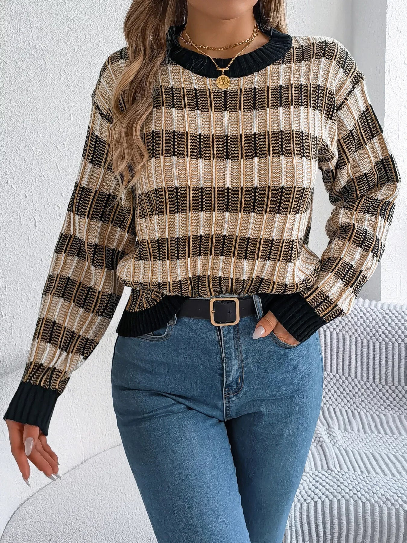 Striped Round Neck Long Sleeve Sweater designed for comfort and style at Lookzlike