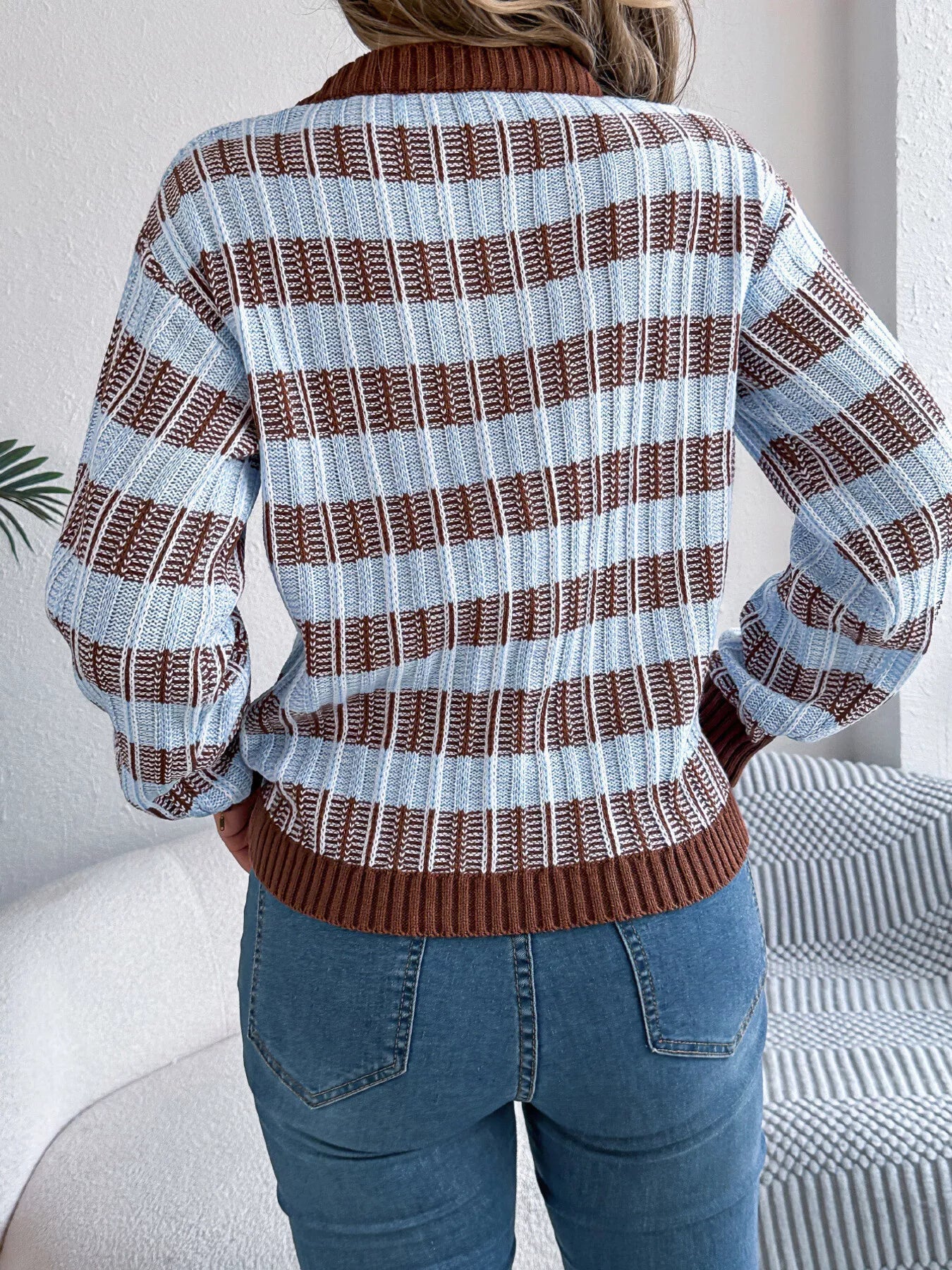 Striped Round Neck Long Sleeve Sweater designed for comfort and style at Lookzlike