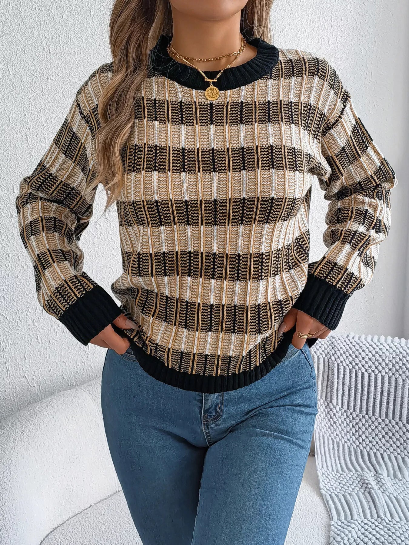 Striped Round Neck Long Sleeve Sweater designed for comfort and style at Lookzlike