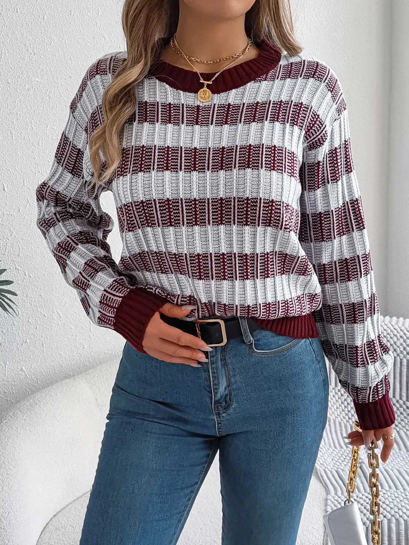 Striped Round Neck Long Sleeve Sweater designed for comfort and style at Lookzlike