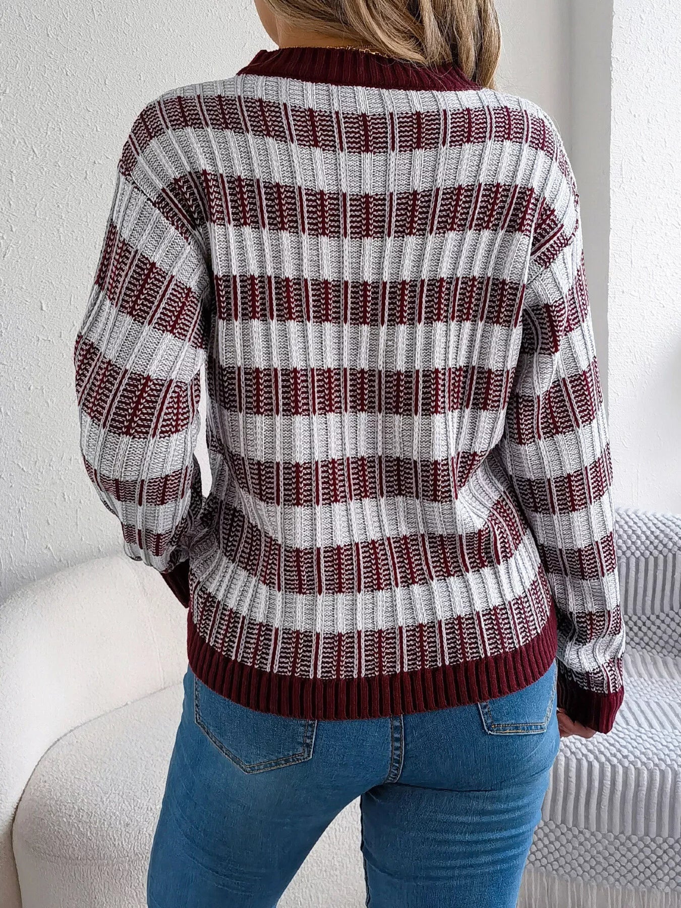 Striped Round Neck Long Sleeve Sweater designed for comfort and style at Lookzlike