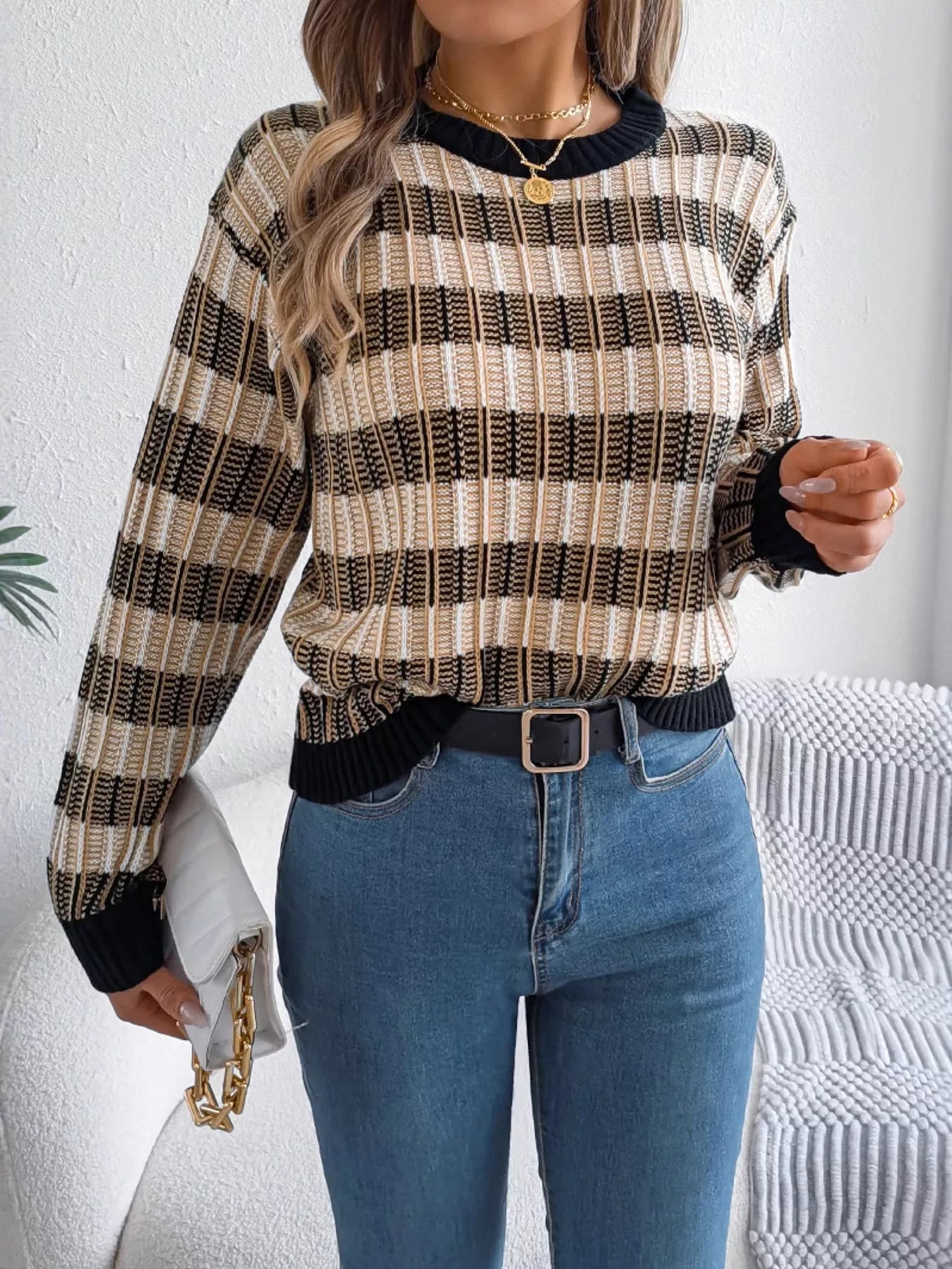 Striped Round Neck Long Sleeve Sweater designed for comfort and style at Lookzlike