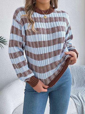 Striped Round Neck Long Sleeve Sweater designed for comfort and style at Lookzlike