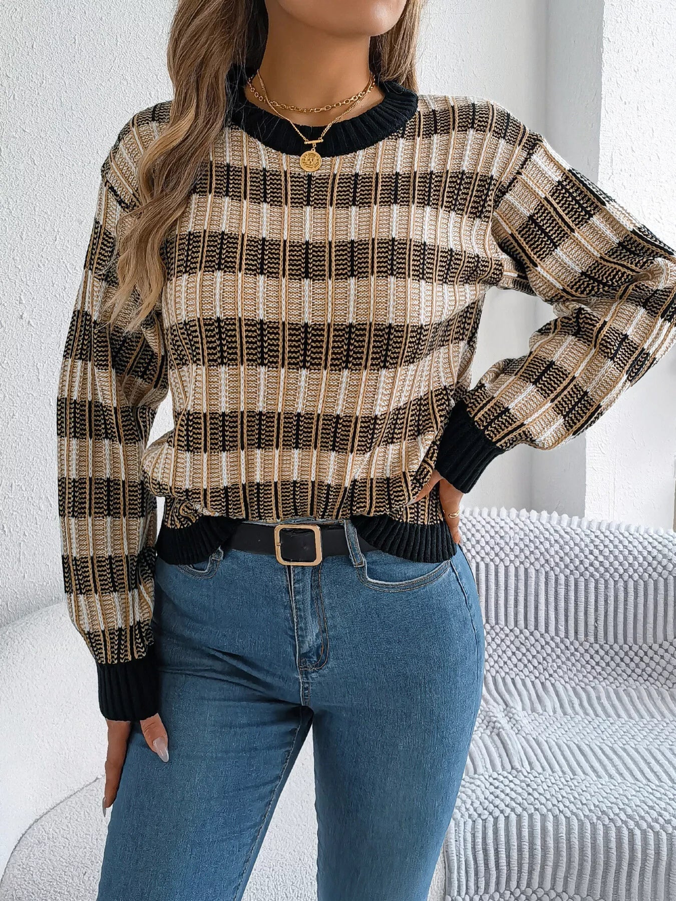 Striped Round Neck Long Sleeve Sweater designed for comfort and style at Lookzlike
