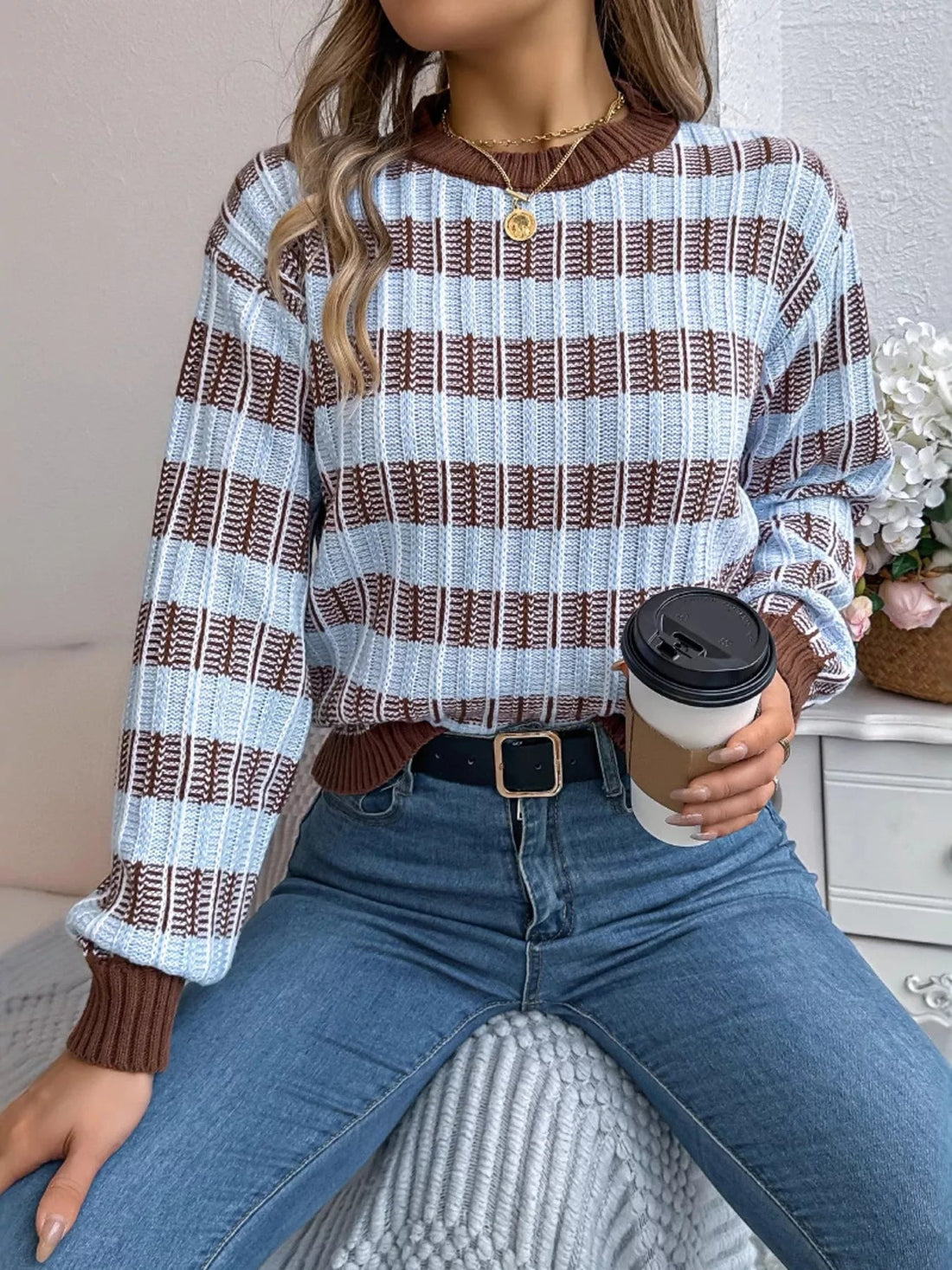 Striped Round Neck Long Sleeve Sweater designed for comfort and style at Lookzlike