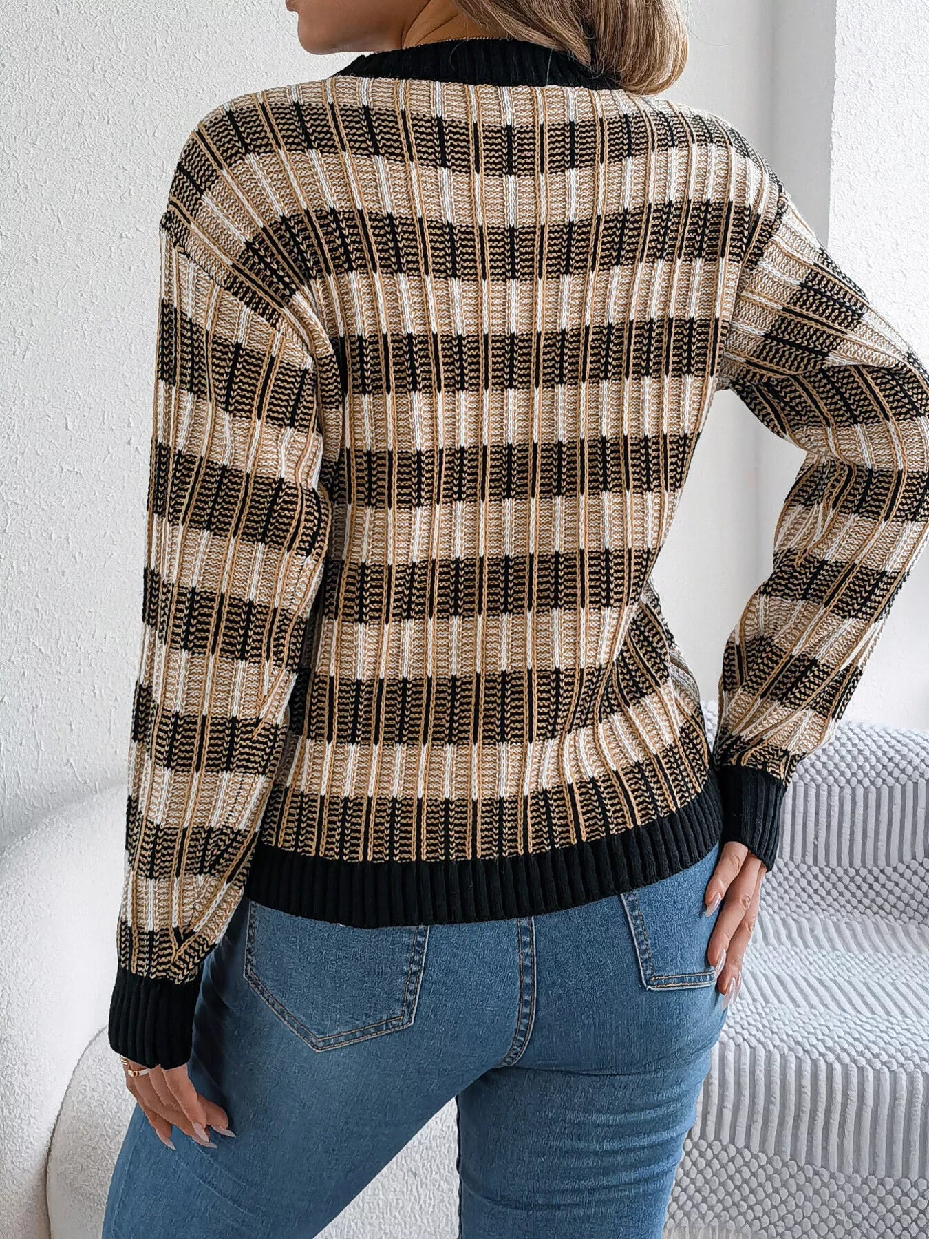 Striped Round Neck Long Sleeve Sweater designed for comfort and style at Lookzlike