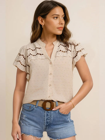 Swiss Dot Cutout Button Down Shirt - Lookzlike