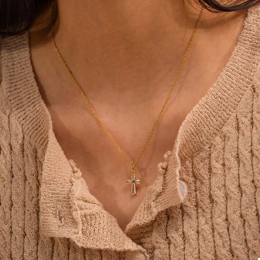 18K Gold - Plated Stainless Steel Zircon Cross Necklace designed for comfort and style at Lookzlike