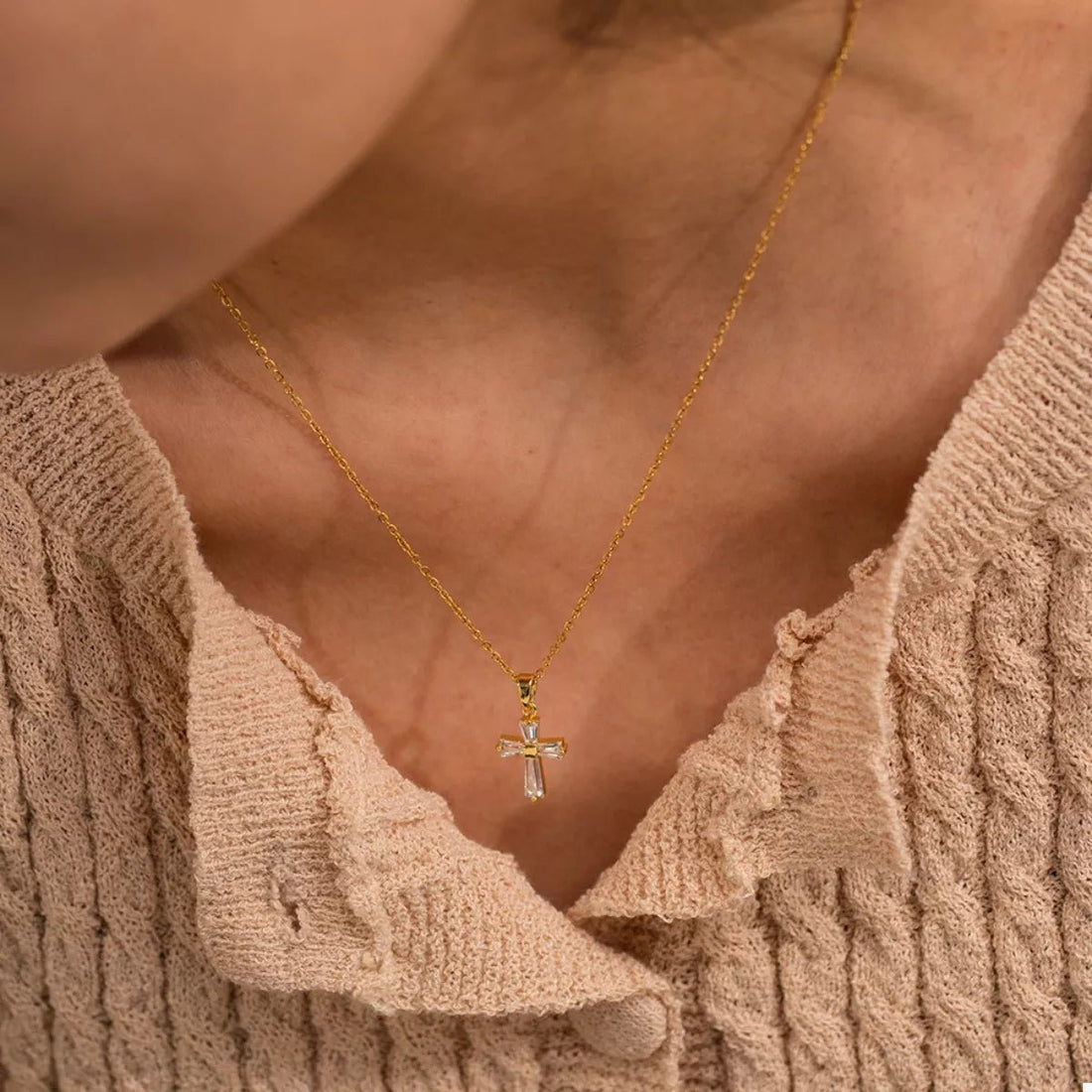 18K Gold - Plated Stainless Steel Zircon Cross Necklace designed for comfort and style at Lookzlike