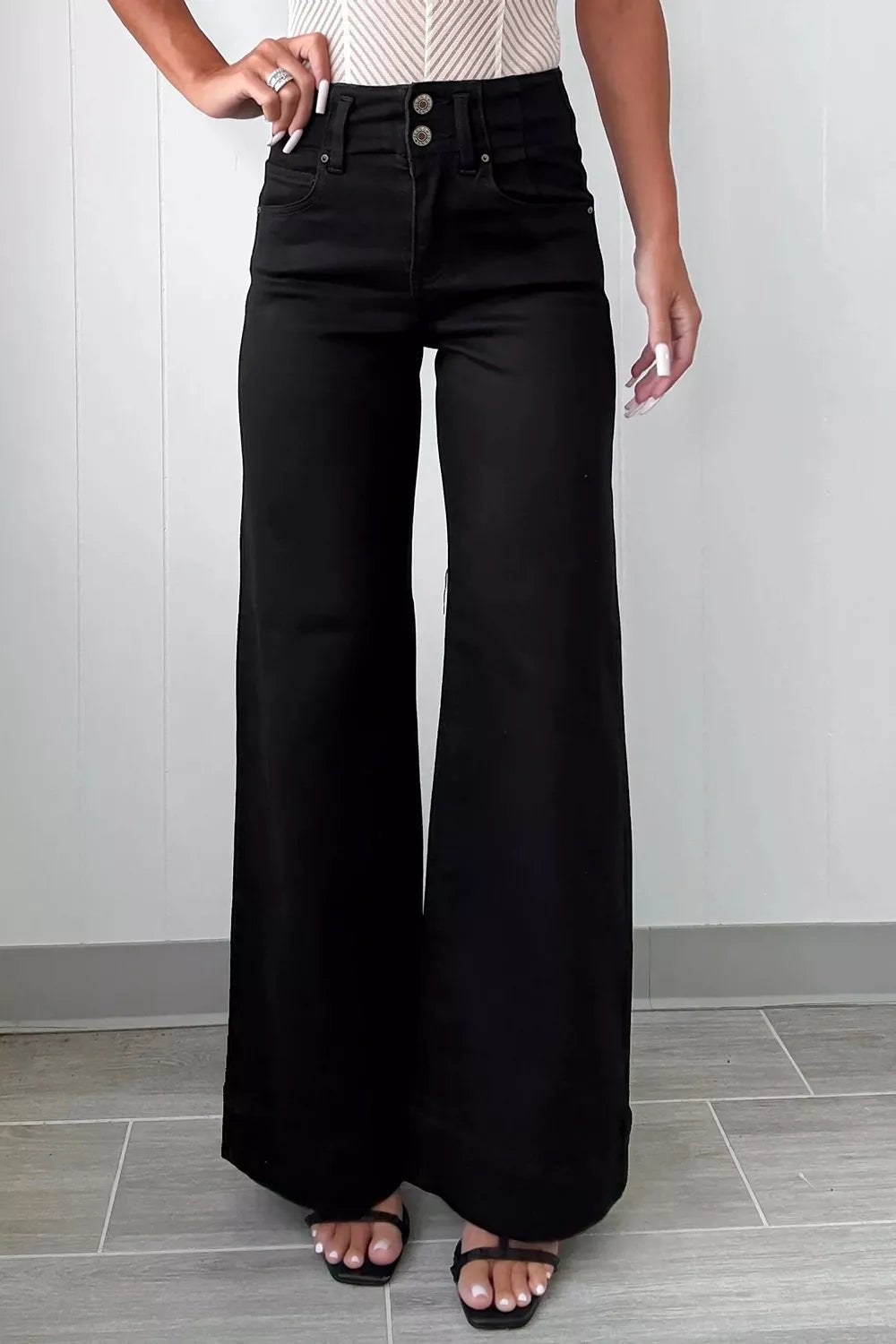 2-Button High Waist Flared Bottom Jeans designed for comfort and style at Lookzlike