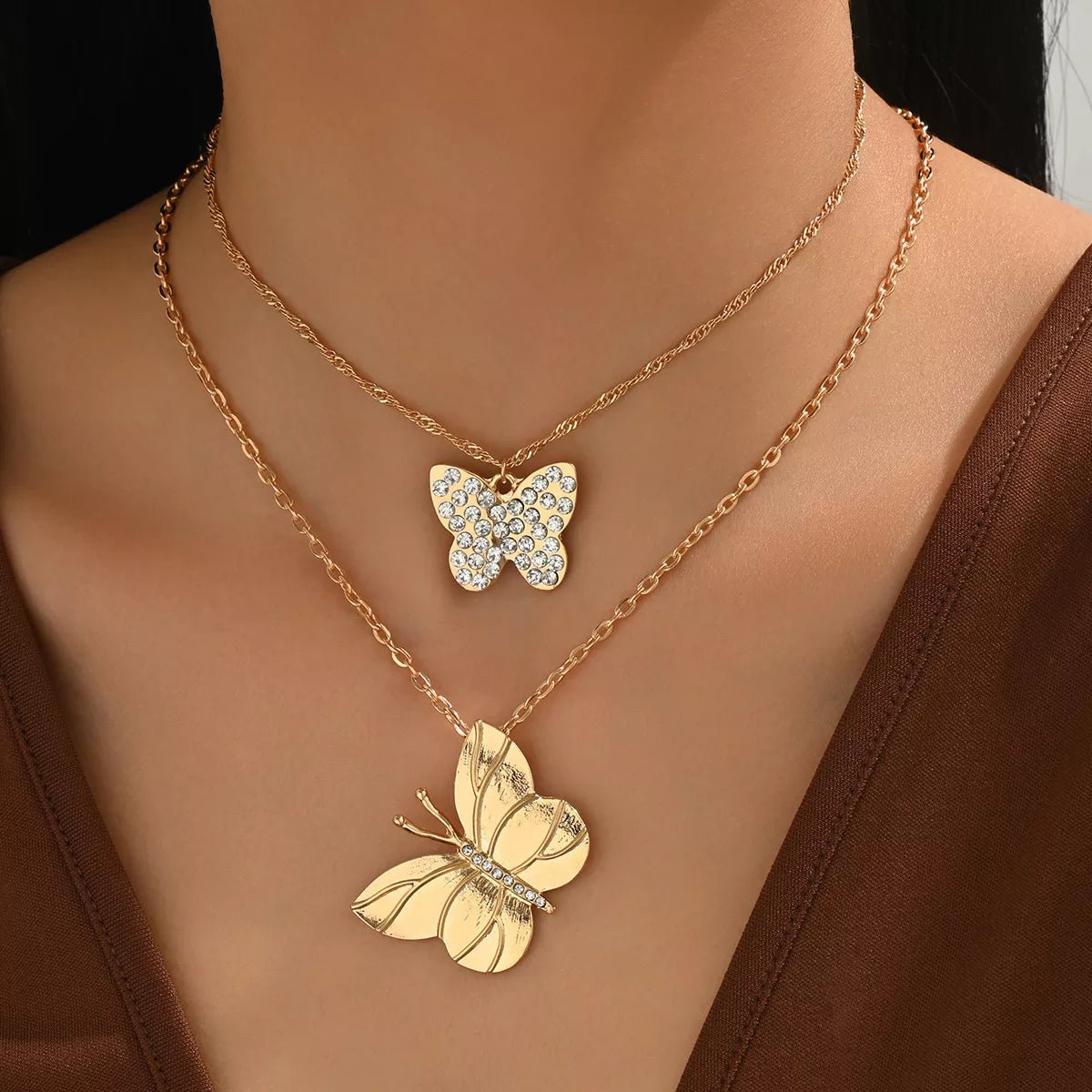 2 Piece 18K Gold - Plated Rhinestone Butterfly Necklace designed for comfort and style at Lookzlike