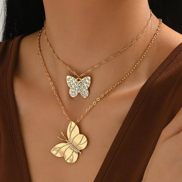 2 Piece 18K Gold - Plated Rhinestone Butterfly Necklace designed for comfort and style at Lookzlike