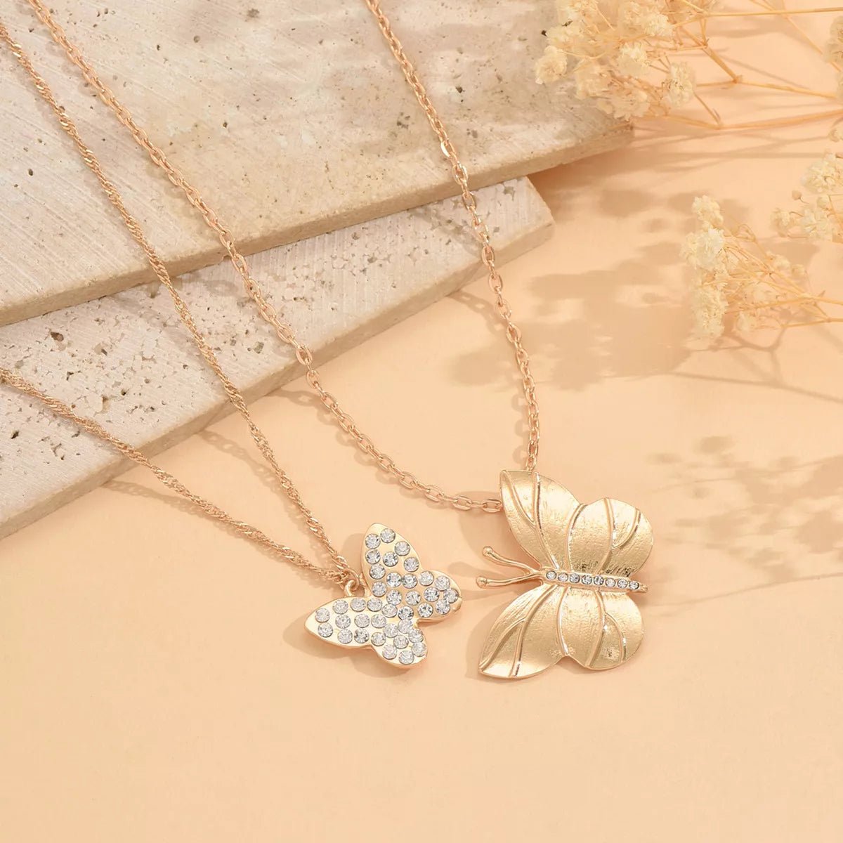 2 Piece 18K Gold - Plated Rhinestone Butterfly Necklace designed for comfort and style at Lookzlike