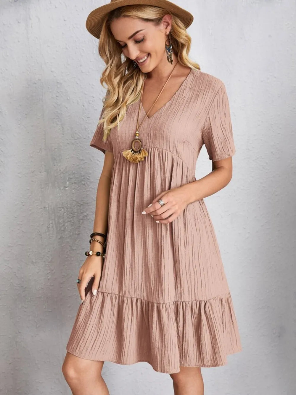 Full Size V-Neck Short Sleeve Dress - Lookzlike