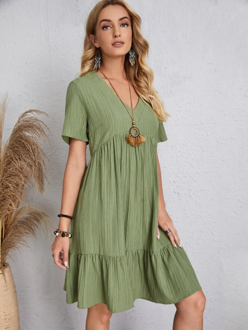 Full Size V-Neck Short Sleeve Dress - Lookzlike