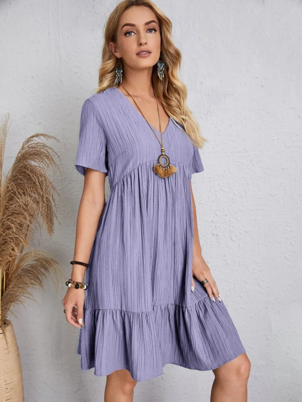 Full Size V-Neck Short Sleeve Dress - Lookzlike