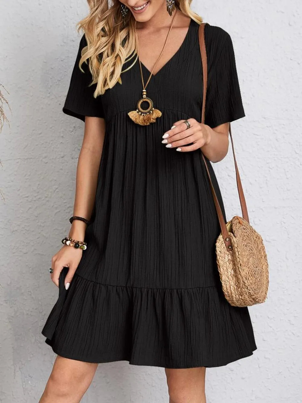 Full Size V-Neck Short Sleeve Dress - Lookzlike