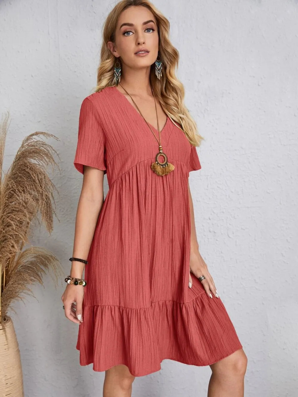 Full Size V-Neck Short Sleeve Dress - Lookzlike