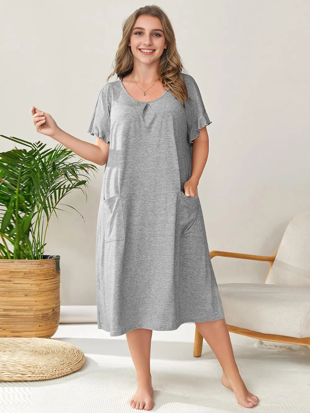 Plus Size Round Neck Short Sleeve Lounge Dress - Lookzlike