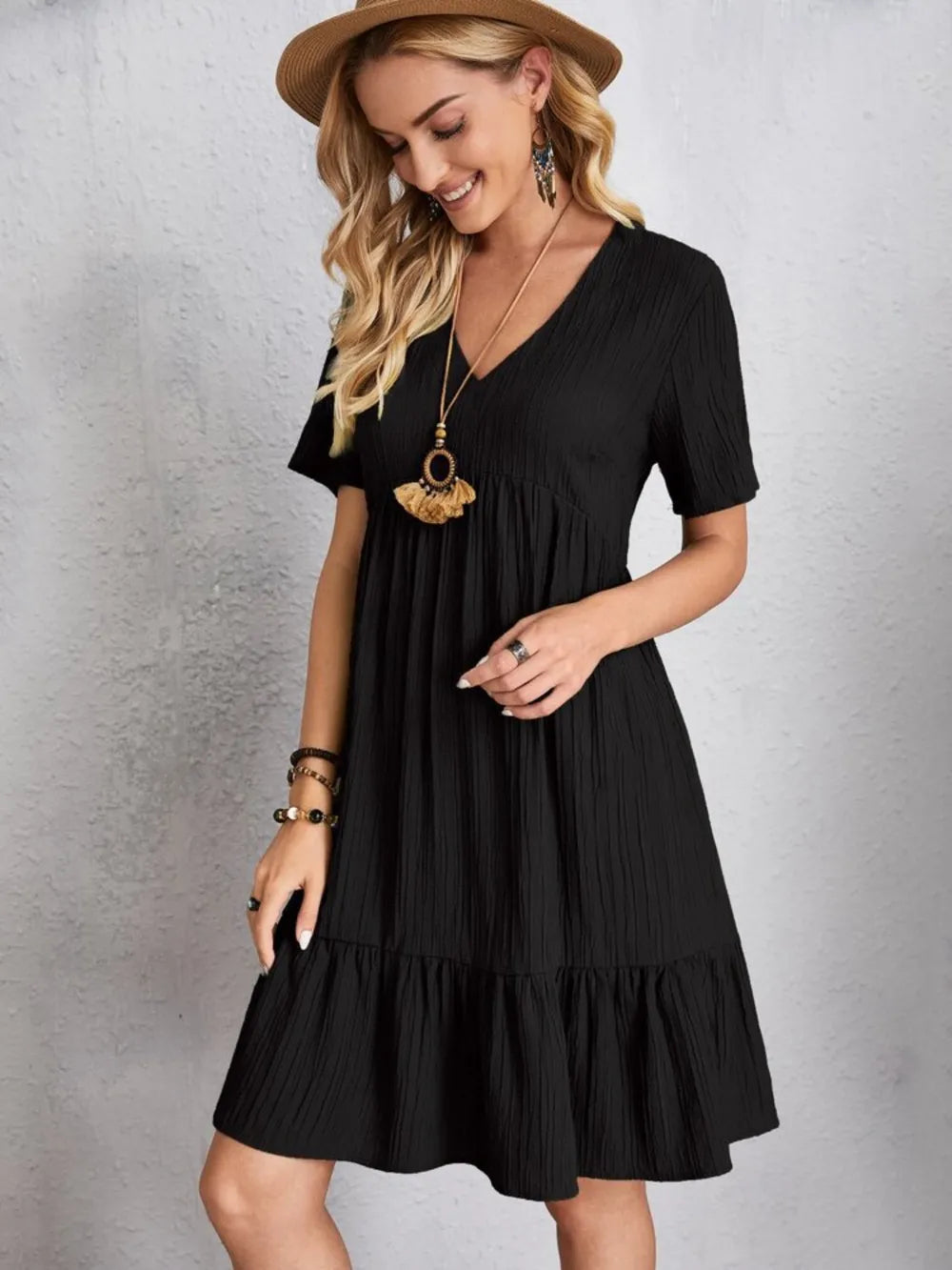 Full Size V-Neck Short Sleeve Dress - Lookzlike