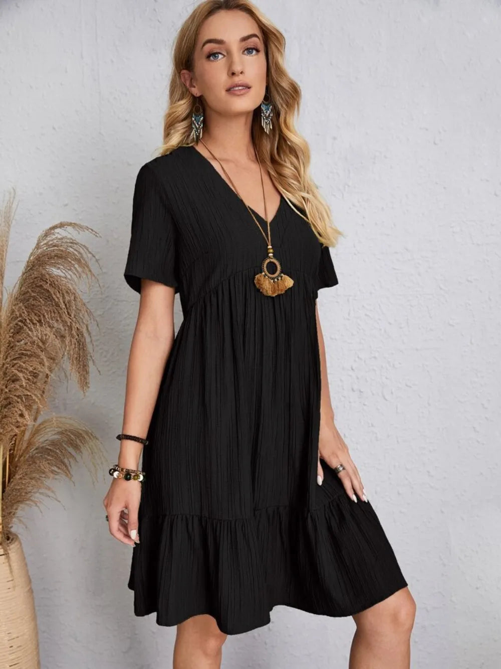 Full Size V-Neck Short Sleeve Dress - Lookzlike
