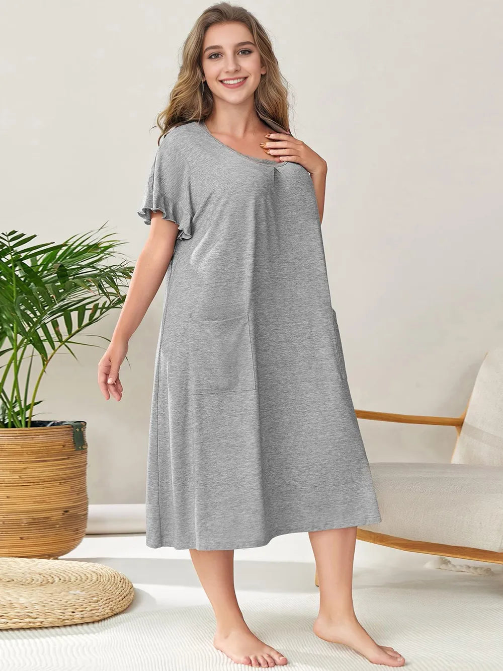 Plus Size Round Neck Short Sleeve Lounge Dress - Lookzlike