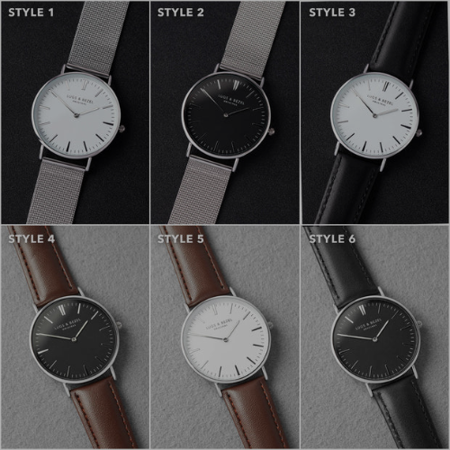 Six different styles of watches with various band colors on a gray background