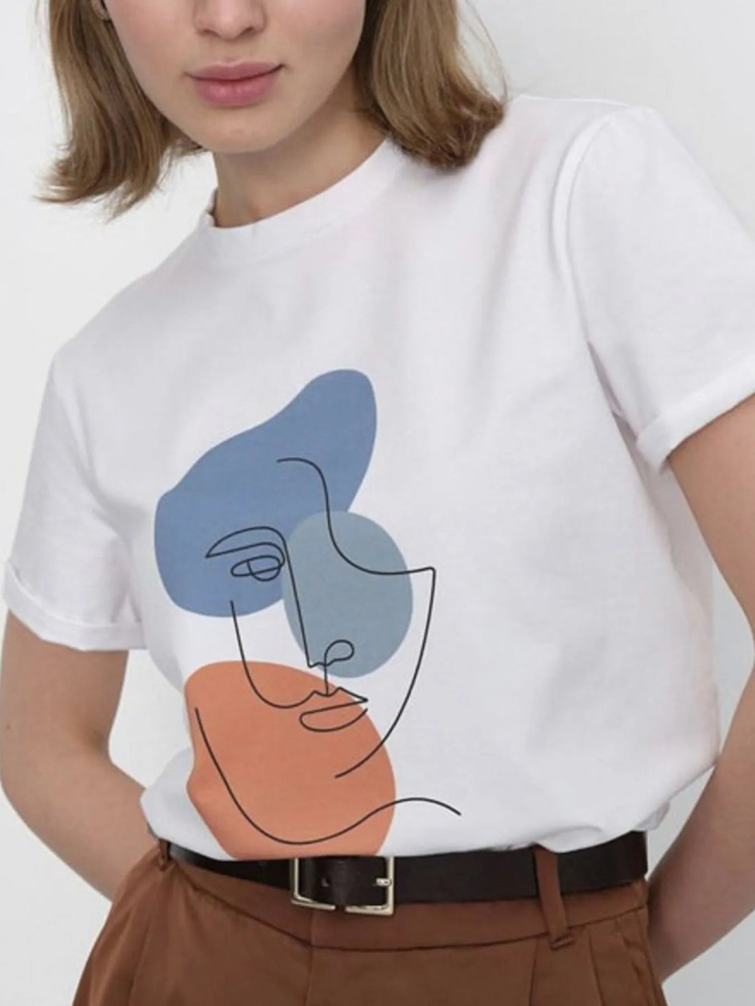 Abstract Face Graphic Casual Round Neck T-Shirt - Lookzlike