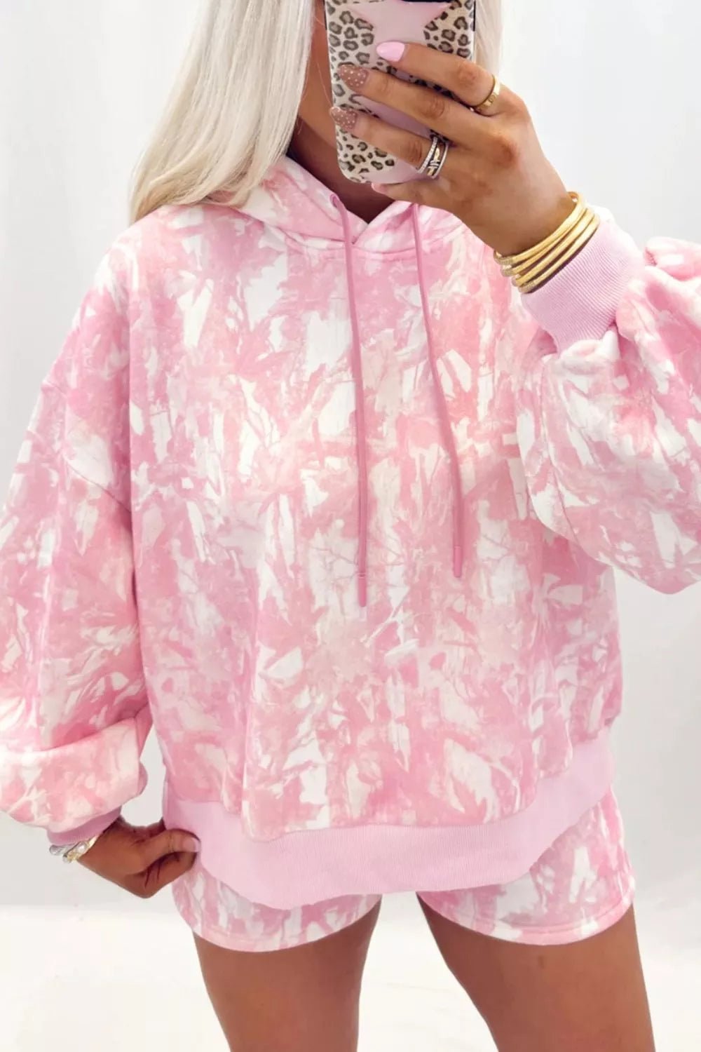 Abstract Print Loose Hoodie Slim Shorts 2pcs Set designed for comfort and style at Lookzlike
