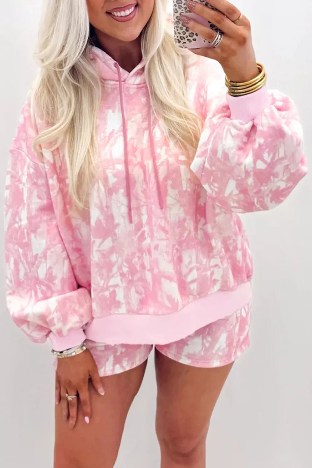Abstract Print Loose Hoodie Slim Shorts 2pcs Set designed for comfort and style at Lookzlike