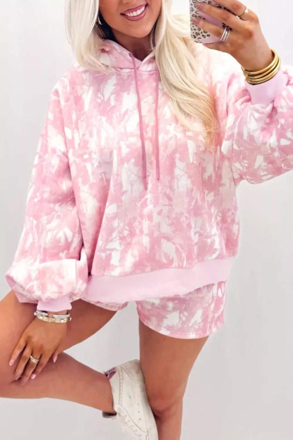 Abstract Print Loose Hoodie Slim Shorts 2pcs Set designed for comfort and style at Lookzlike