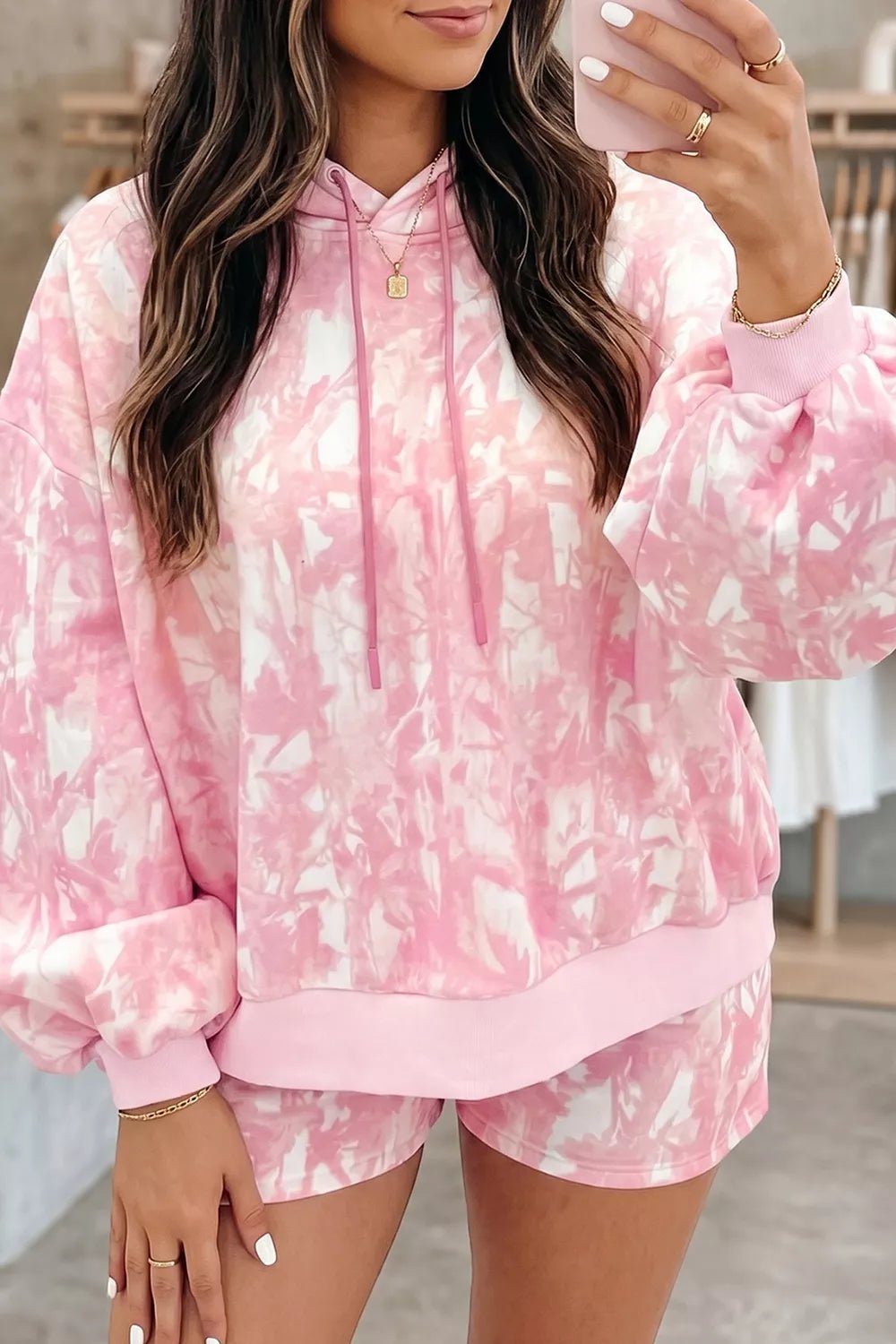 Abstract Print Loose Hoodie Slim Shorts 2pcs Set designed for comfort and style at Lookzlike