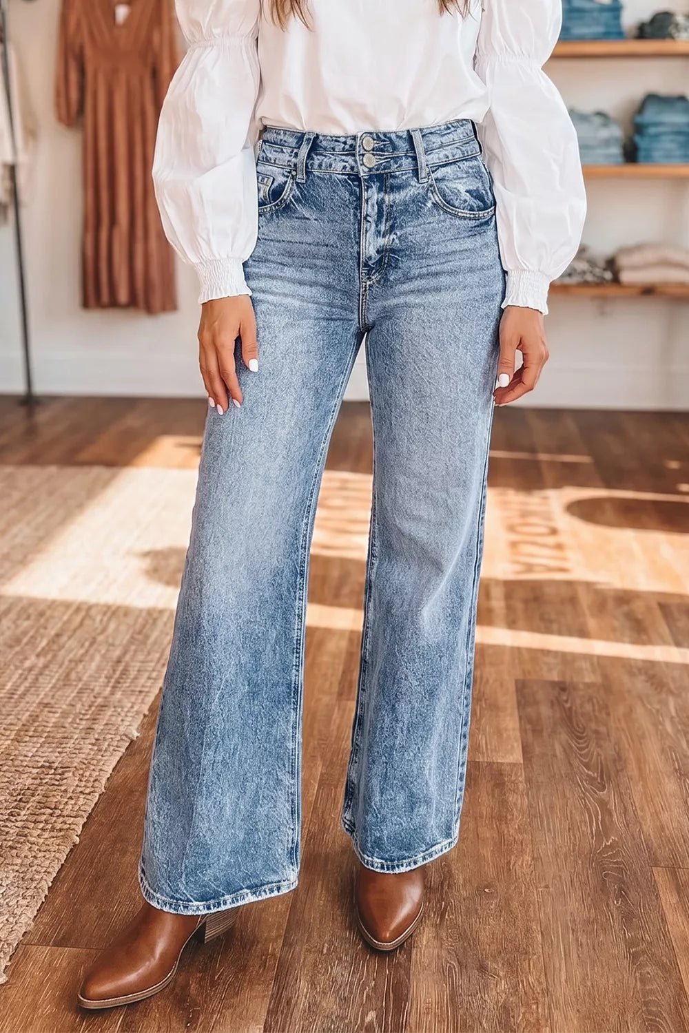 Acid Wash Pocket Detail Flare Jeans designed for comfort and style at Lookzlike