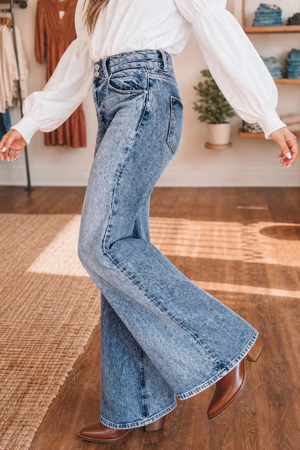 Acid Wash Pocket Detail Flare Jeans designed for comfort and style at Lookzlike