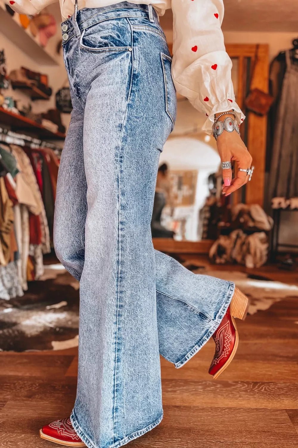 Acid Wash Pocket Detail Flare Jeans designed for comfort and style at Lookzlike