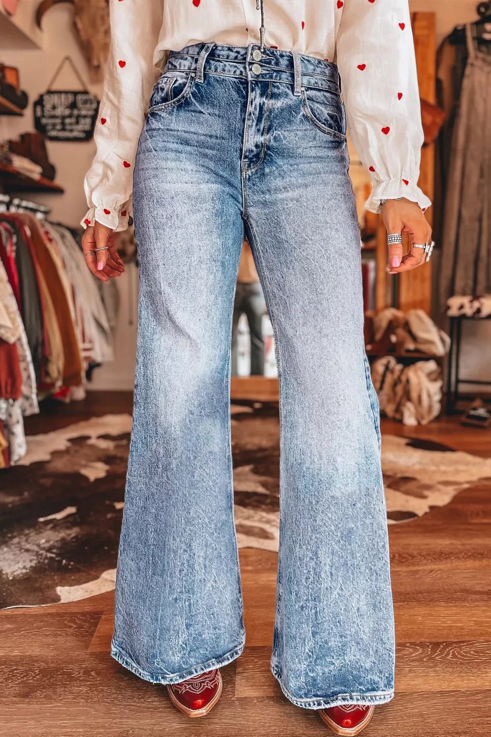 Acid Wash Pocket Detail Flare Jeans designed for comfort and style at Lookzlike