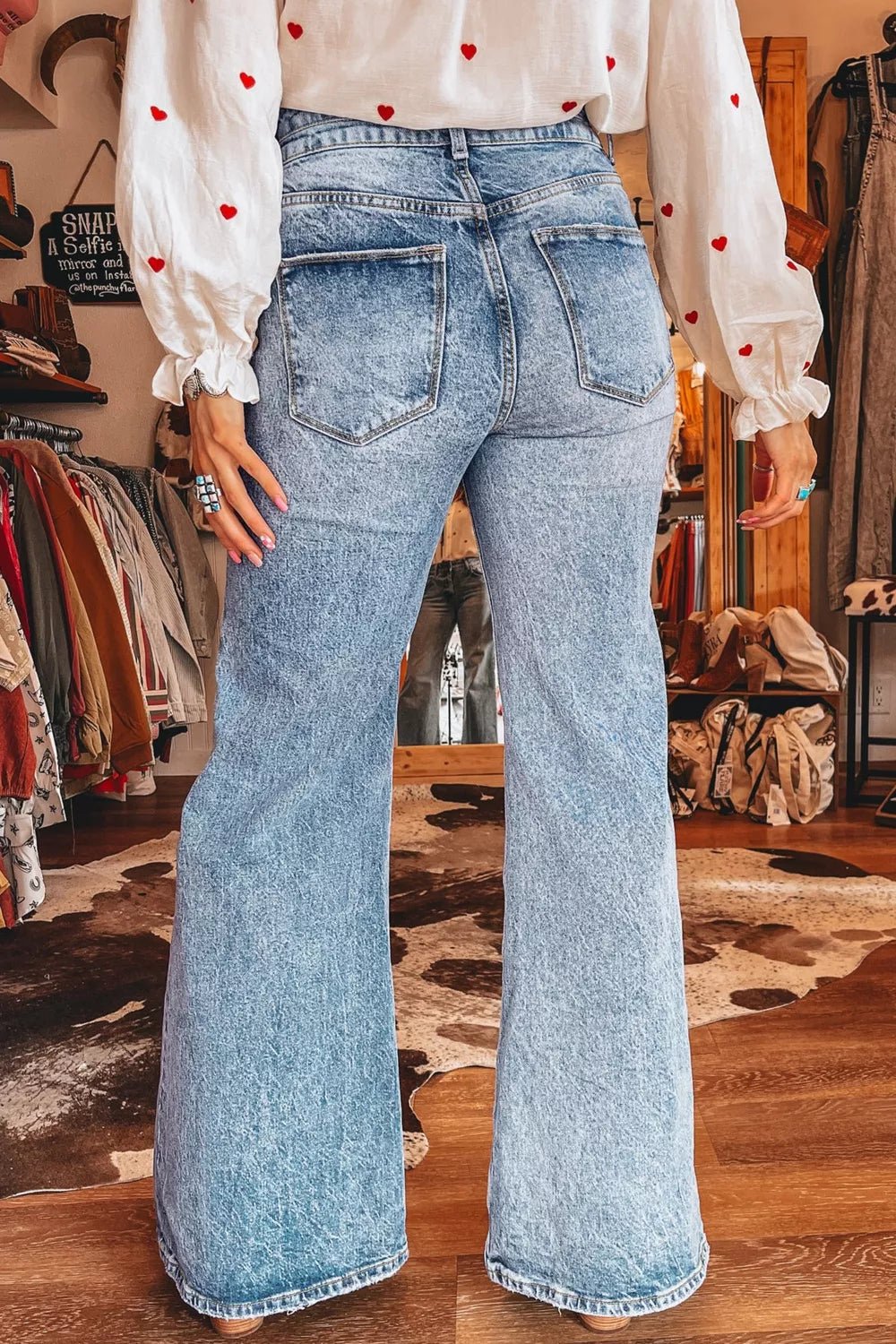Acid Wash Pocket Detail Flare Jeans designed for comfort and style at Lookzlike