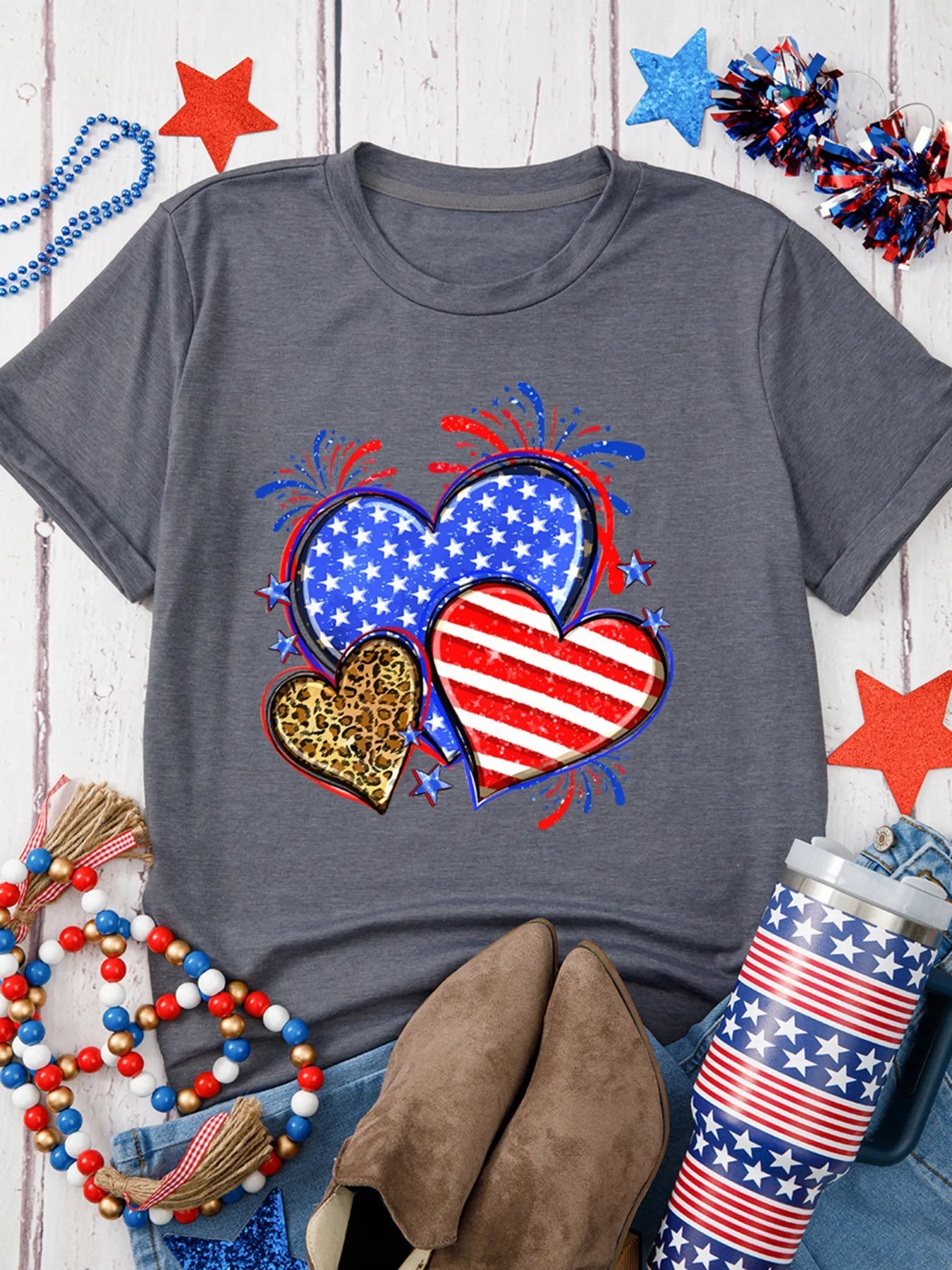 American Heart Graphic Round Neck T Shirt - Lookzlike
