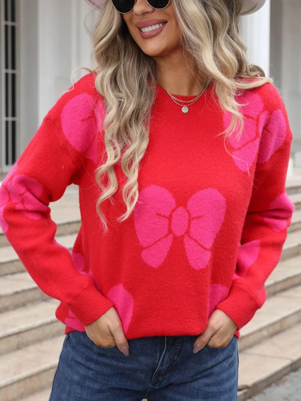 Angel Wings Bow Round Neck Dropped Shoulder Sweater designed for comfort and style at Lookzlike