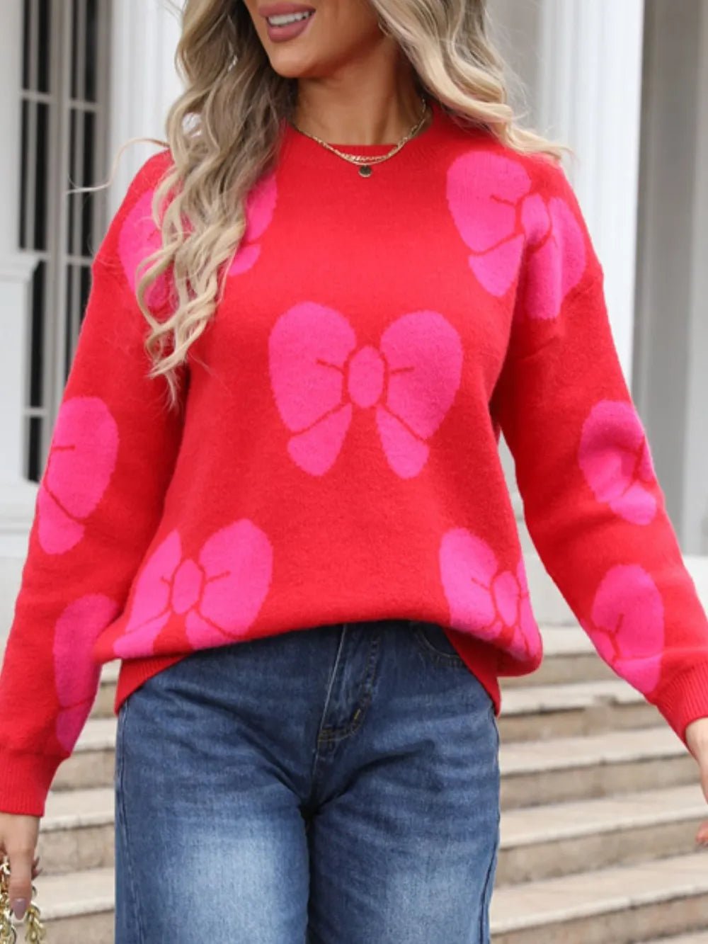 Angel Wings Bow Round Neck Dropped Shoulder Sweater designed for comfort and style at Lookzlike