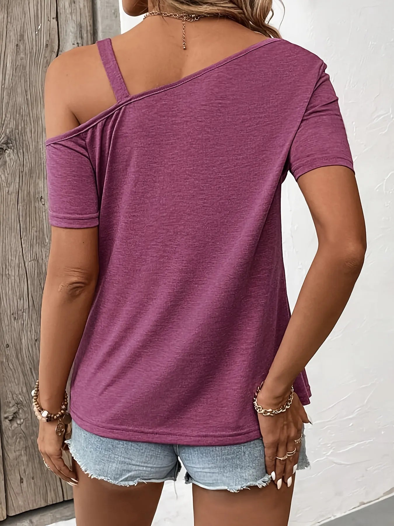 Asymmetric Shoulder T-Shirt with Metal Buckle Detail - Lookzlike