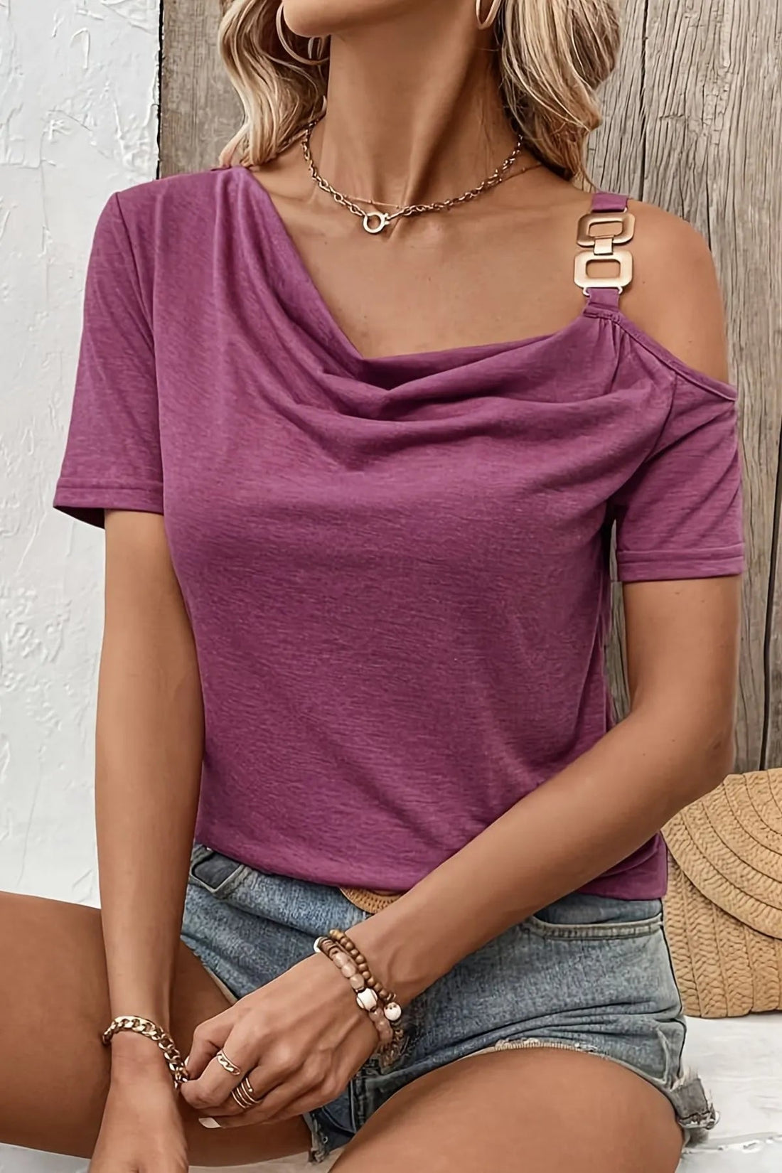 Asymmetric Shoulder T-Shirt with Metal Buckle Detail - Lookzlike
