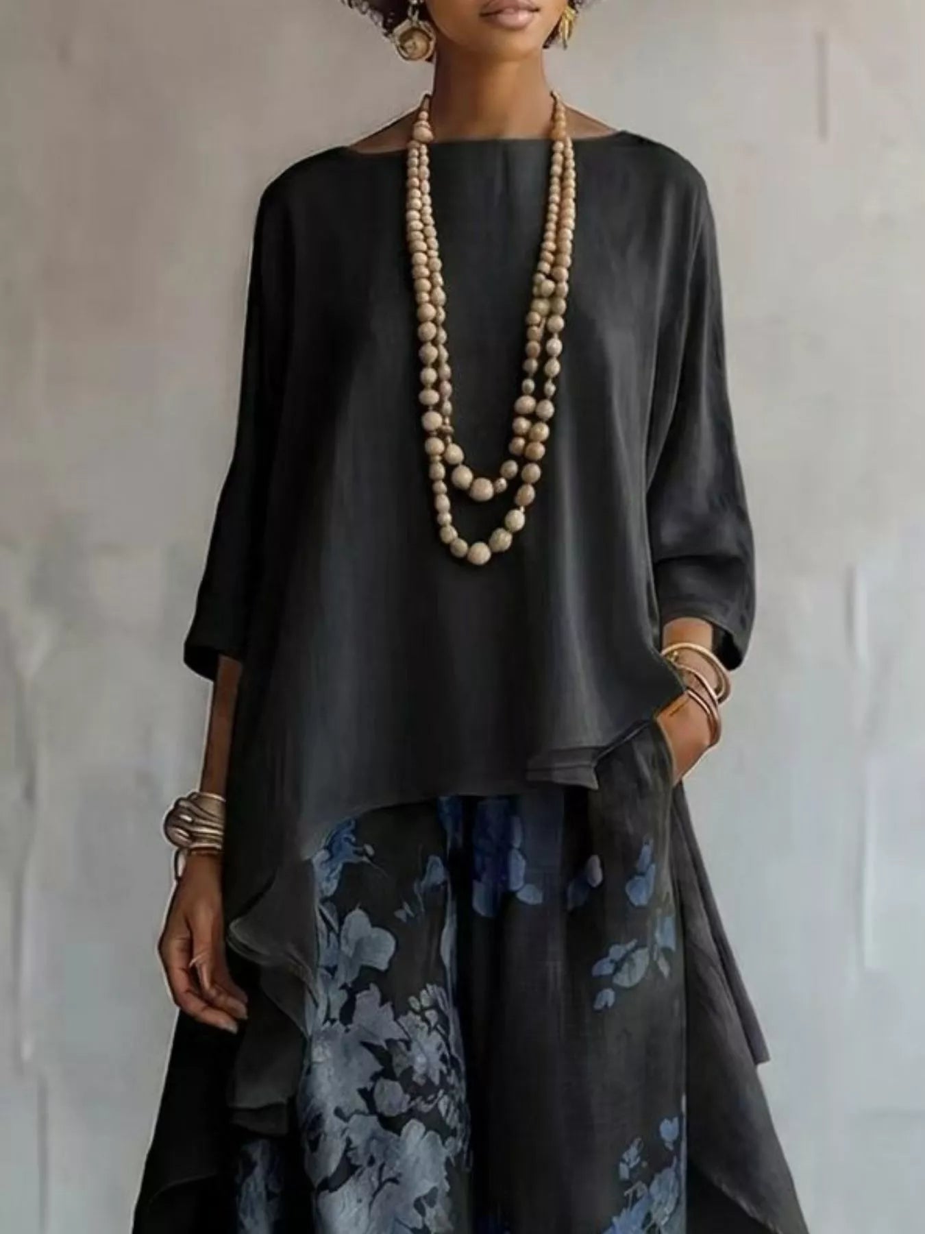 Asymmetrical Hem Top and Floral Pants Set designed for comfort and style at Lookzlike