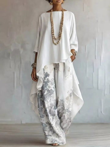 Asymmetrical Hem Top and Floral Pants Set designed for comfort and style at Lookzlike