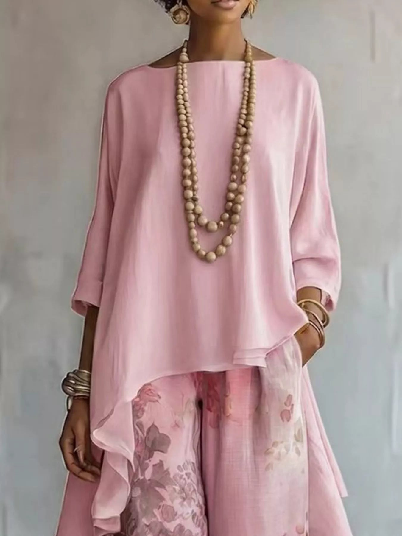 Asymmetrical Hem Top and Floral Pants Set designed for comfort and style at Lookzlike