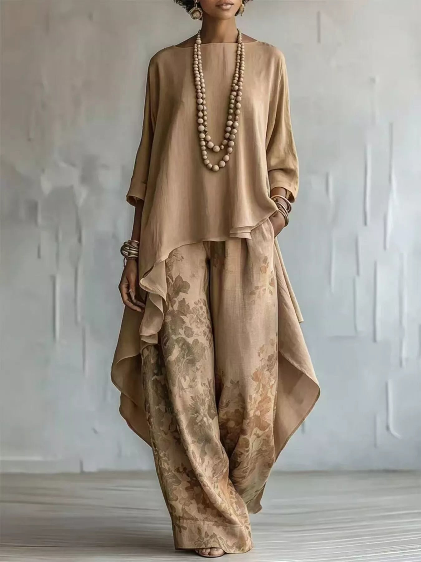 Asymmetrical Hem Top and Floral Pants Set designed for comfort and style at Lookzlike
