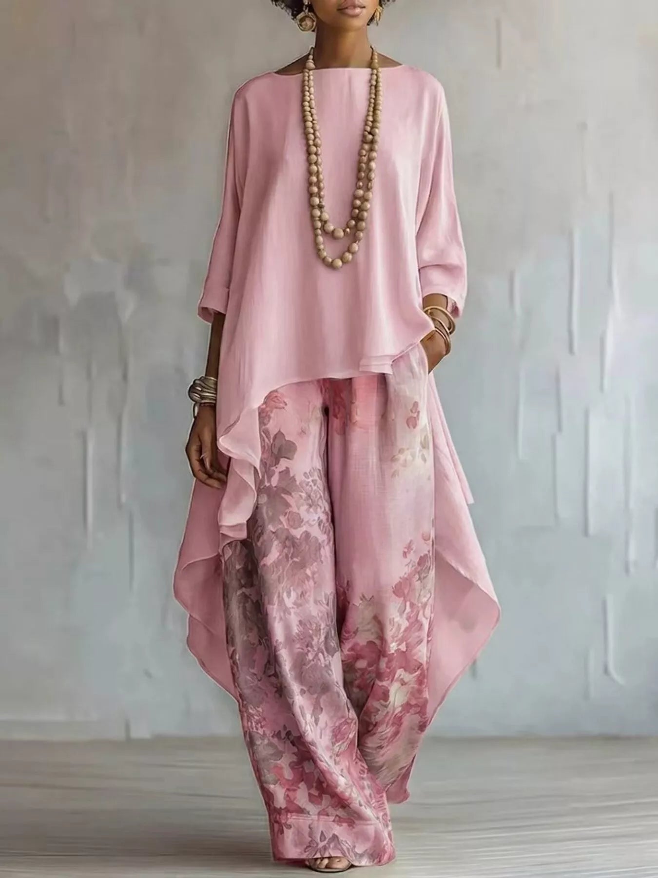 Asymmetrical Hem Top and Floral Pants Set designed for comfort and style at Lookzlike