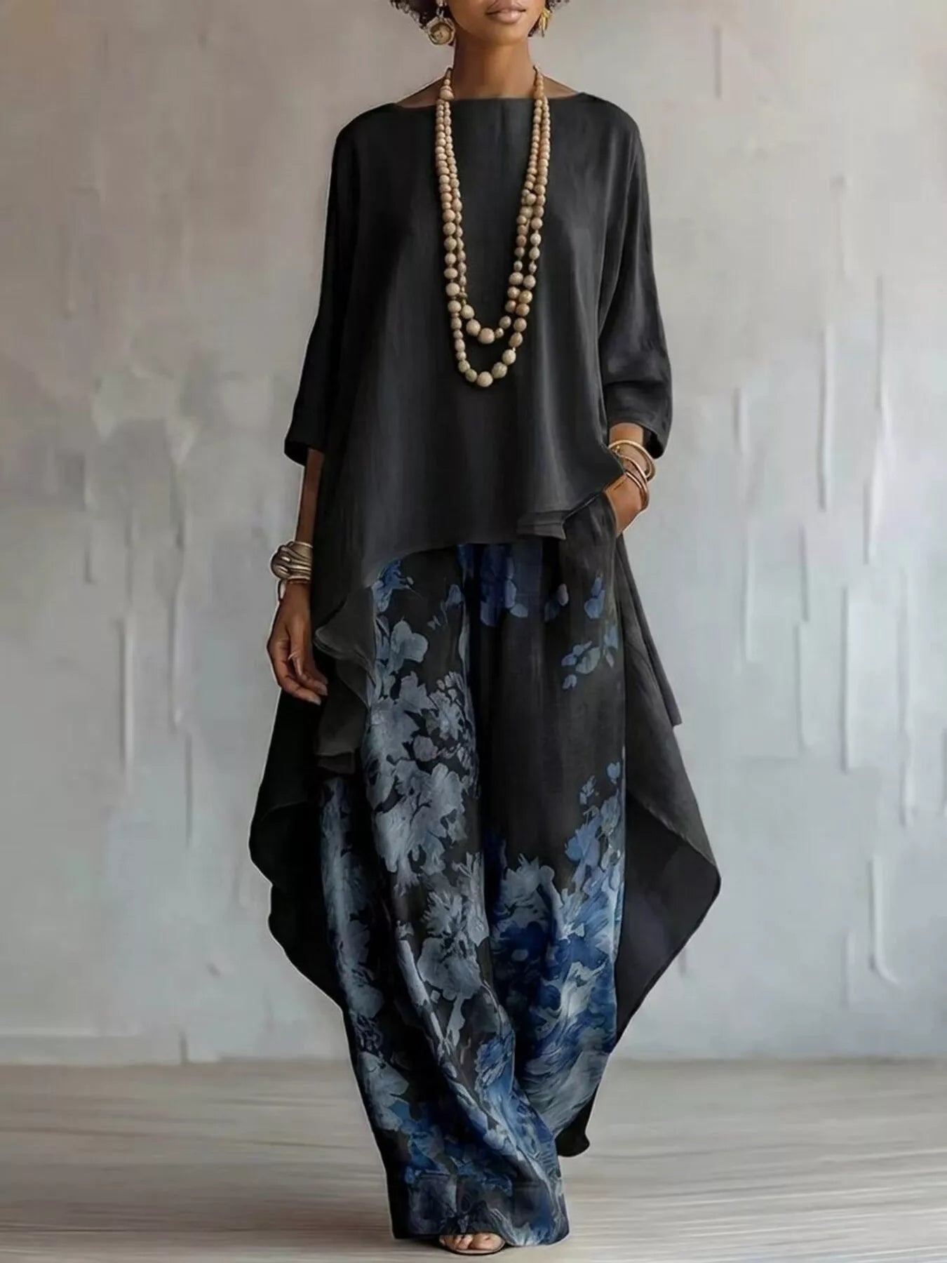 Asymmetrical Hem Top and Floral Pants Set designed for comfort and style at Lookzlike
