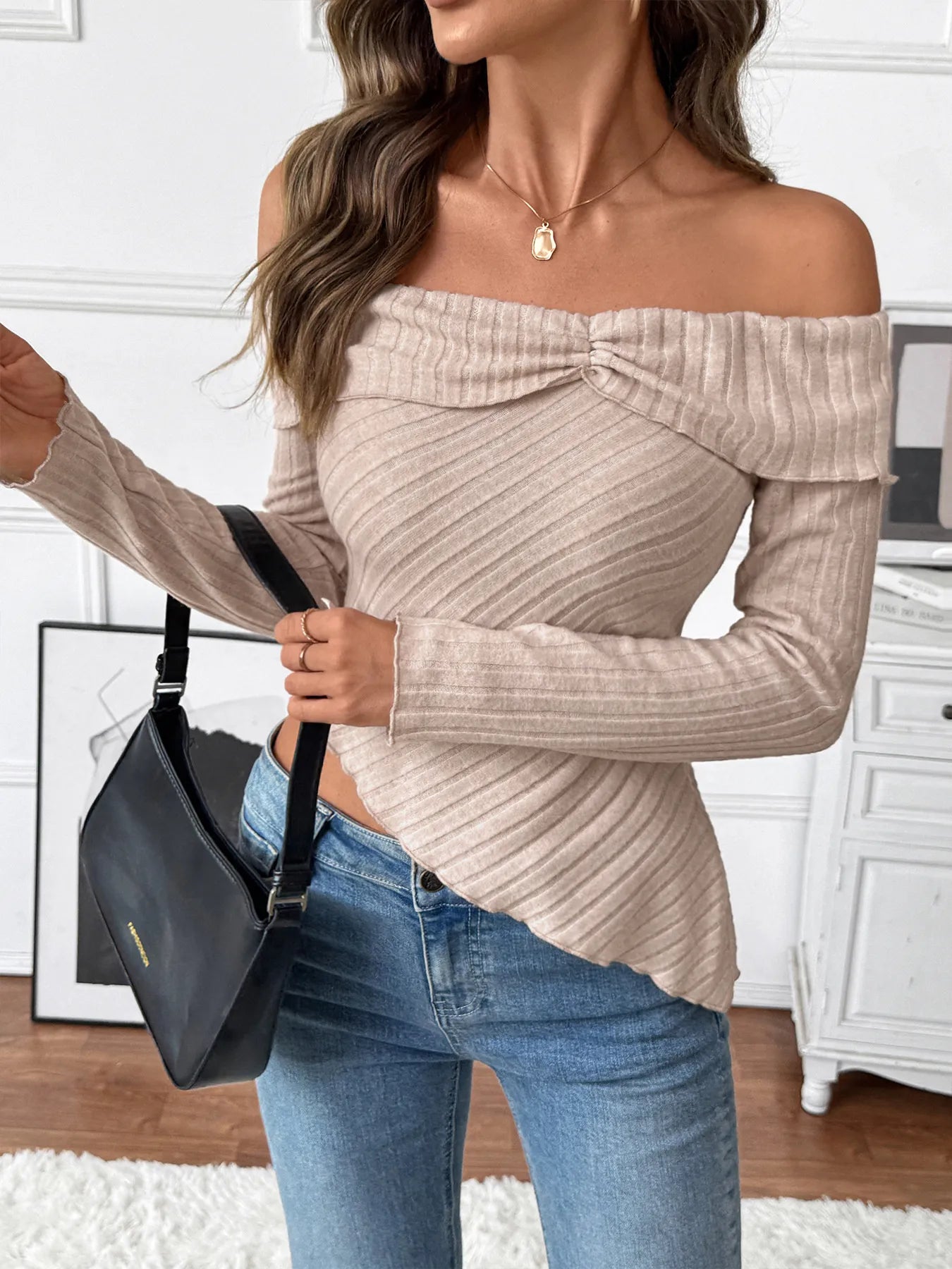 Asymmetrical Off - Shoulder Knit Top designed for comfort and style at Lookzlike