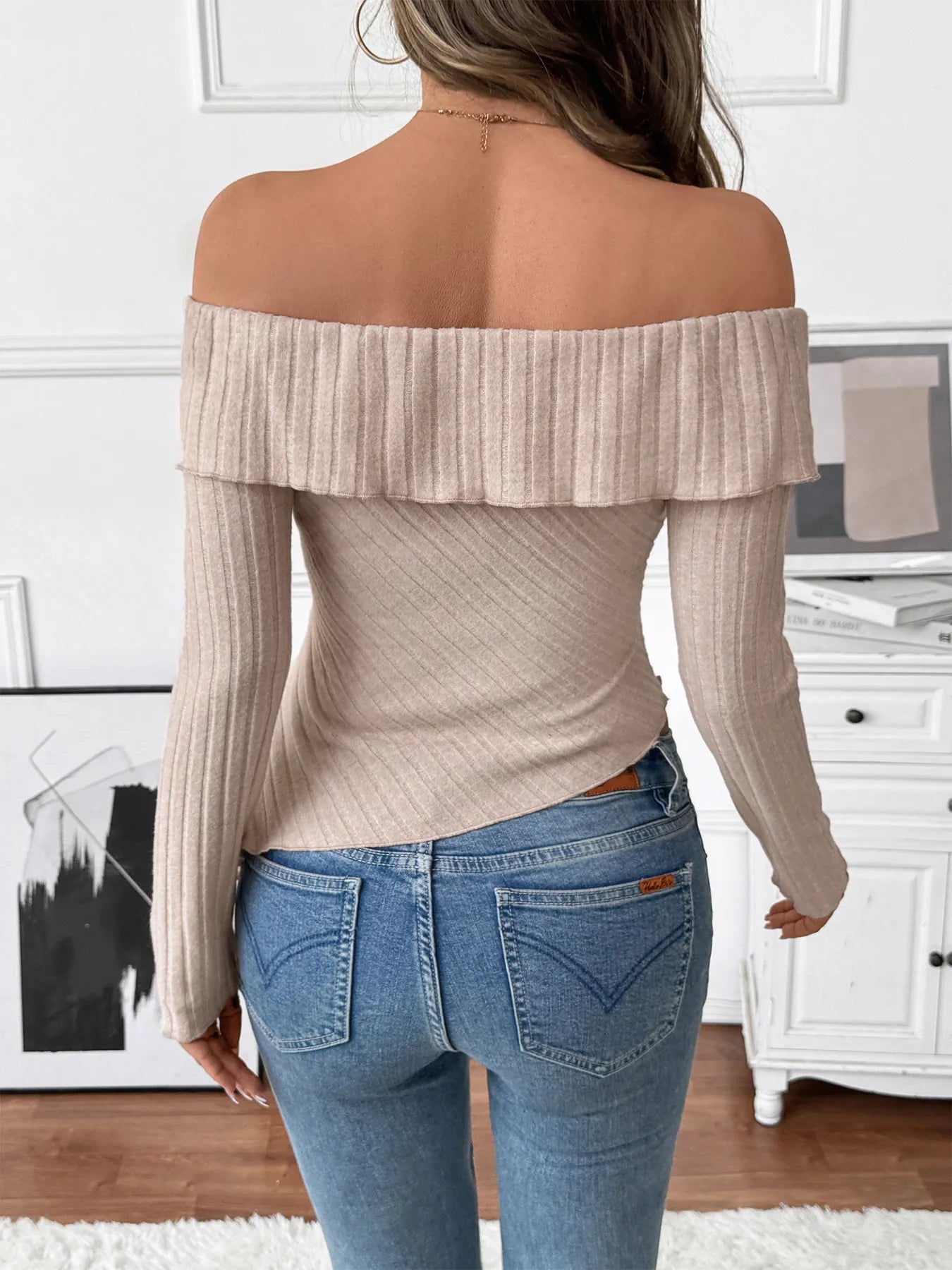 Asymmetrical Off - Shoulder Knit Top designed for comfort and style at Lookzlike